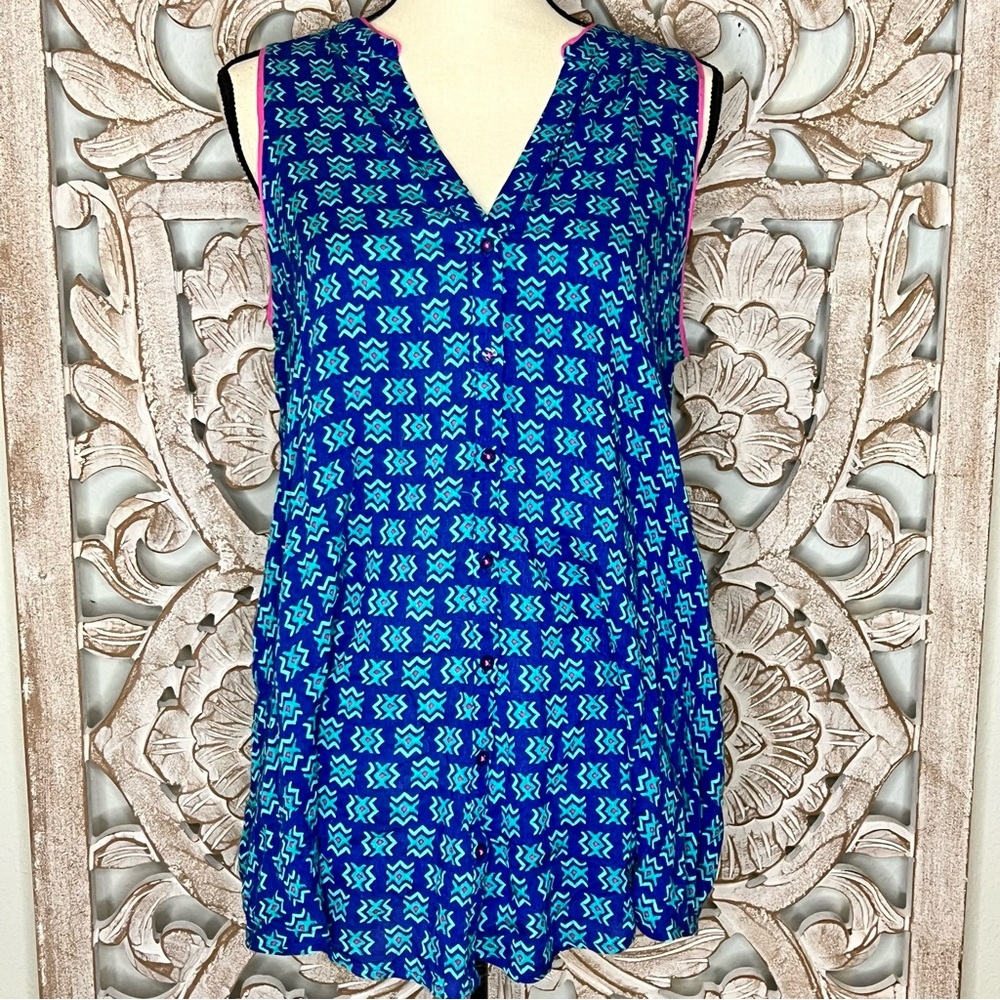 Maeve Blue Rayon Sleeveless Blouse with Geometric Print Pink Trim Sz 12